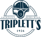 A dark blue logo for Triplette’s, featuring a gas mask helmet, circular ring border, and text: “Cocktails • Beer • Wine” with “TRIPLETT’S 1926” inside.