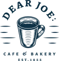 A stylized coffee cup logo with “Dear Joe” curved above, and “Cafe & Bakery Est. 1855” below, featuring sketch lines and a vintage feel.