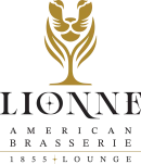 A gold stylized emblem above the text “LIONNE” with “AMERICAN BRASSERIE” and “LOUNGE” details, set against black, featuring a vertical banner-like design.
