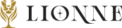 A gold stylized plant-lion emblem left, with the word “LIONNE” in bold, elegant black serif letters to the right.