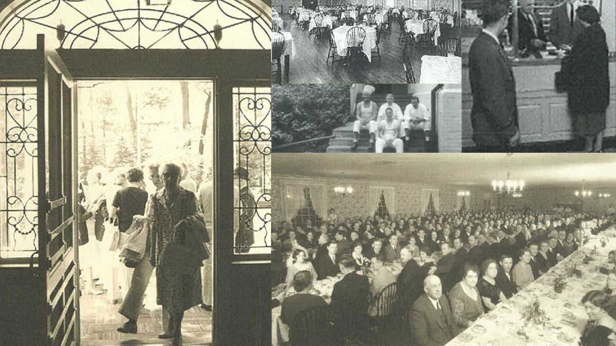 A collage: people entering a grand doorway, a busy office or factory scene, and a large formal banquet with many guests seated at long tables, all in black and white.