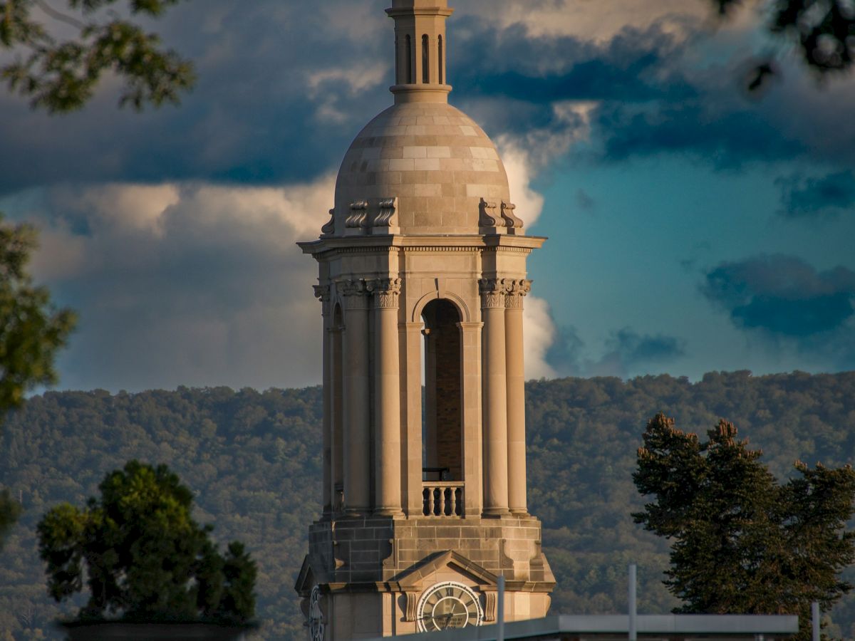 A tall, ornate bell tower rises above rooftops, framed by trees with a blue sky and distant hills in the background.