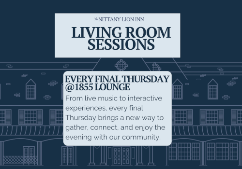A promotional banner for &ldquo;Living Room Sessions&rdquo; at 1855 Lounge, featuring every final Thursday with live music and interactive experiences.