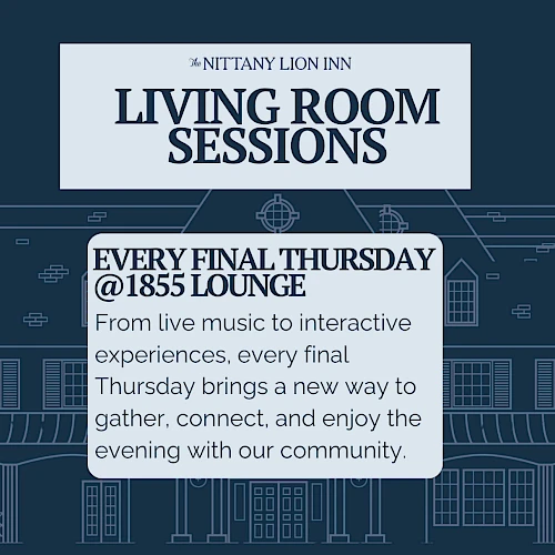 A promotional banner for &ldquo;Living Room Sessions&rdquo; at 1855 Lounge, featuring every final Thursday with live music and interactive experiences.