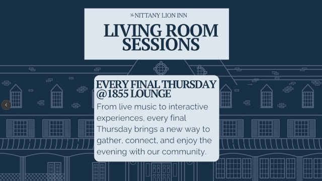 A promotional banner for &ldquo;Living Room Sessions&rdquo; at 1855 Lounge, featuring every final Thursday with live music and interactive experiences.