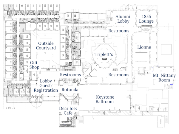 Labeled main-floor venue map highlighting rooms like Lionne, 1855 Lounge, Triplett&rsquo;s, Keystone Ballrooms, and restrooms.