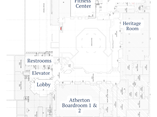A venue brochure collage showing a ground-floor layout with labeled areas like Fitness Center, Restrooms, Lobby, and an Atherton boardroom.